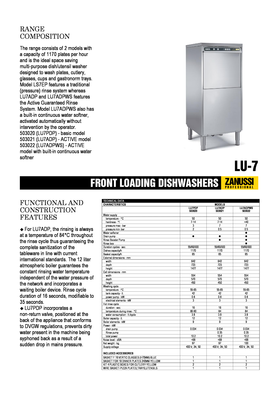 Zanussi LS7EP, LU7PDP, LU7ADPWS, 503021, 503020 dimensions LU-7, Range Composition, Functional And Construction Features 