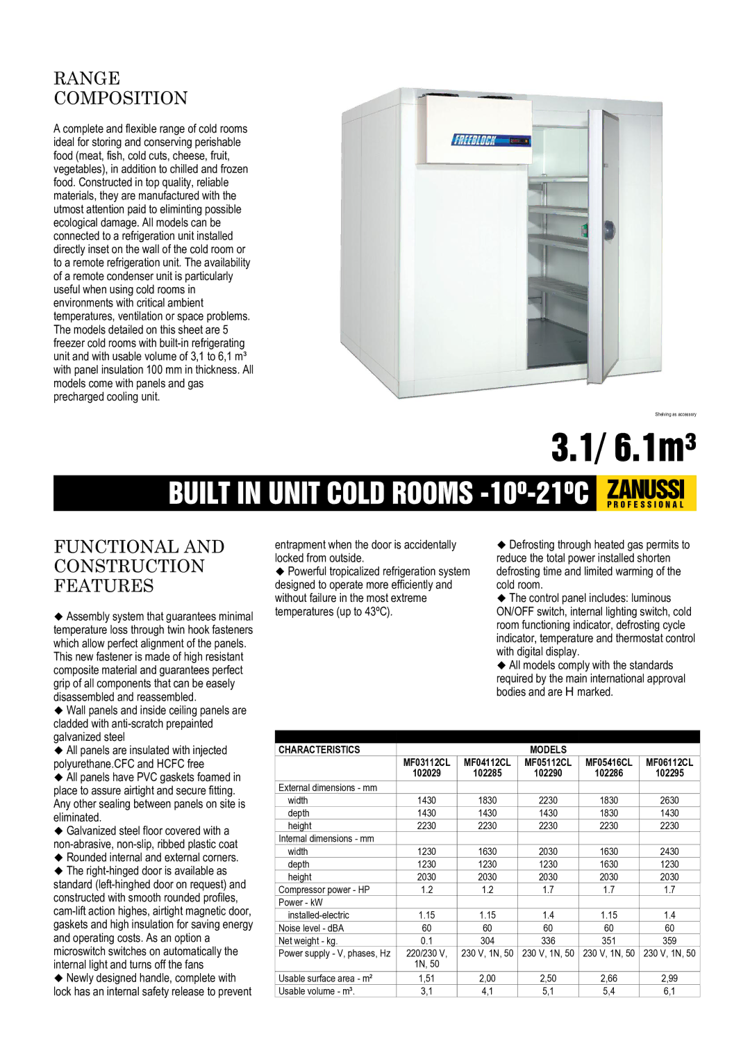 Zanussi MF06112CL, MF05416CL, MF04112CL, MF05112CL, MF03112CL, 102295, 102285, 102286, 102029, 102290 dimensions 6.1m³ 