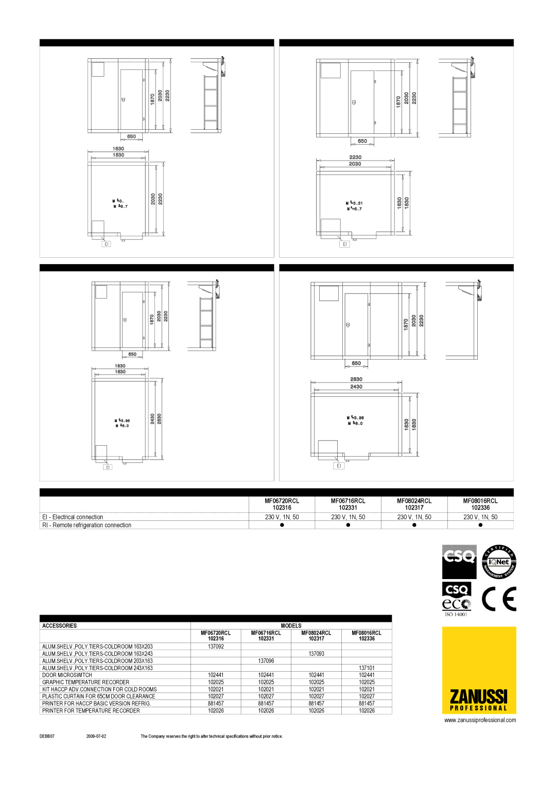 Zanussi MF08016RCL, MF06716RCL, MF06720RCL, MF08024RCL, 102336, 102316, 102331, 102317 dimensions Zanussi 