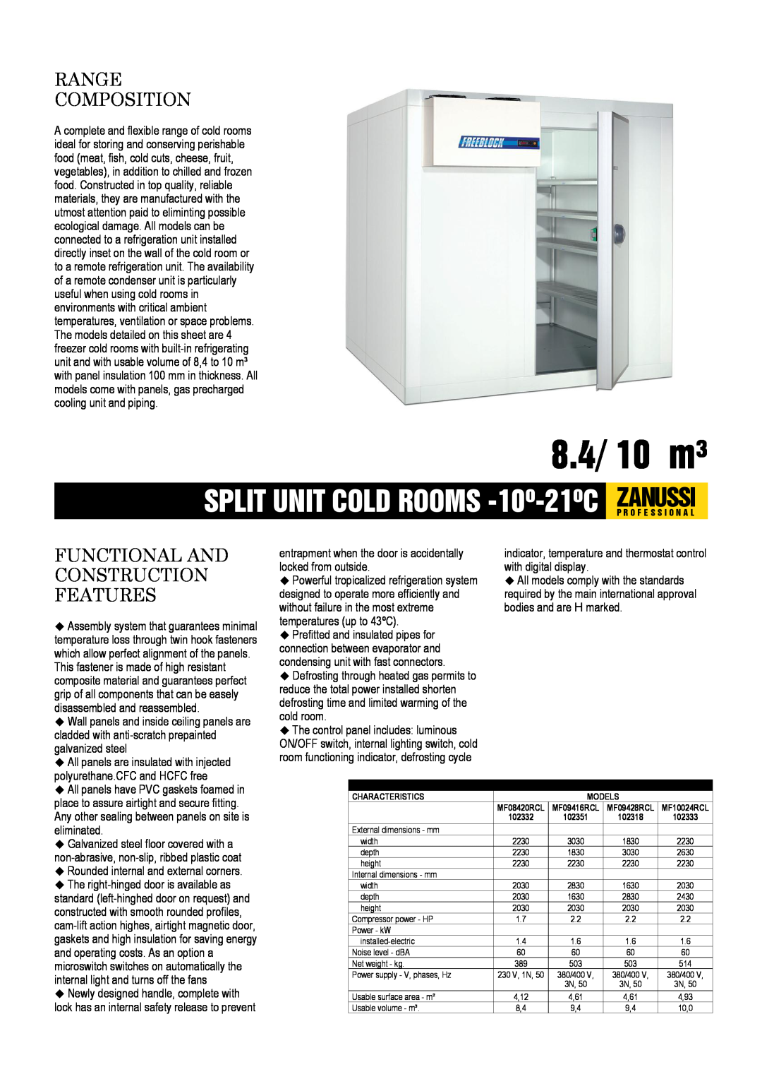 Zanussi MF10024RCL, MF09416RCL, MF08420RCL dimensions 8.4/ 10 m³, Range Composition, Functional And Construction Features 