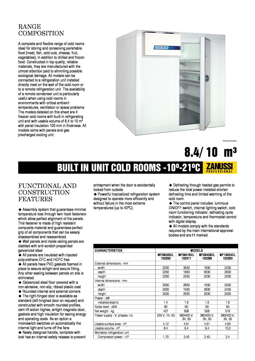 Zanussi MF09428CL, MF10024CL, MF08420CL dimensions 8.4/ 10 m³, Range Composition, Functional And Construction Features 