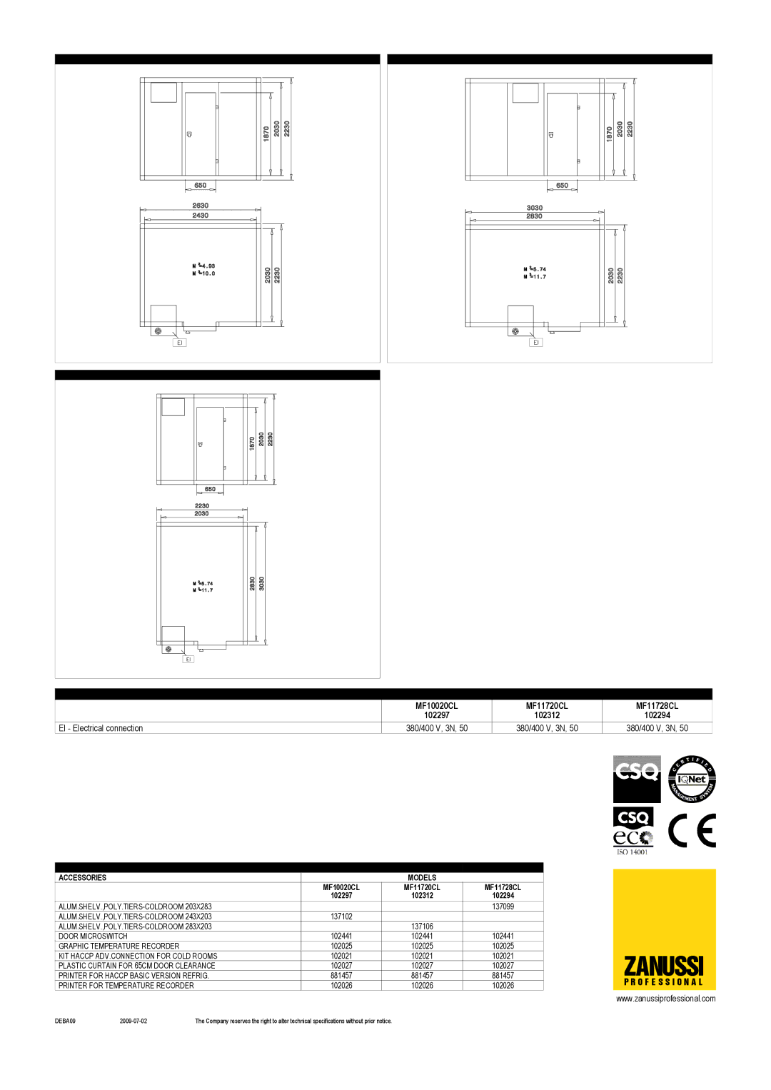 Zanussi MF11728CL, MF11720CL, MF10020CL, 102297, 102294, 102312 dimensions Zanussi 