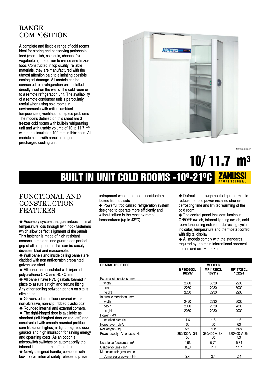 Zanussi MF10020CL, MF11720CL, MF11728CL dimensions 10/ 11.7 m³, Range Composition, Functional And Construction Features 