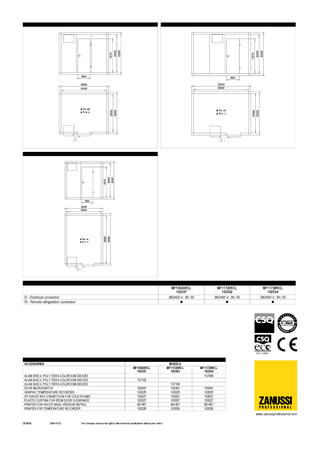 Zanussi MF10020RCL, MF11728RCL, MF11720RCL, 102352, 102337, 102334 dimensions Zanussi 