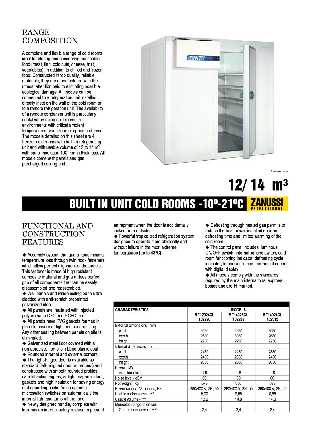 Zanussi MF14024CL, MF12024CL, MF14028CL dimensions 12/ 14 m³, Range Composition, Functional And Construction Features 