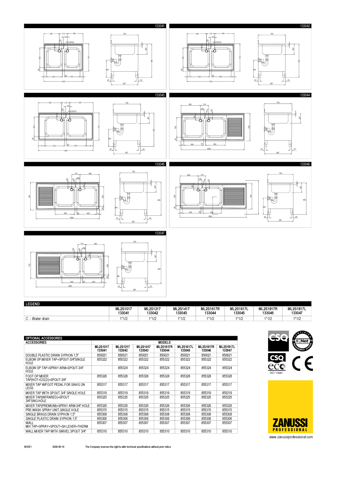 Zanussi ML2S1617L, ML2S1617R, ML2S1017, ML2S1417, ML2S1817L, ML2S1817R, ML2S1217 Optional Accessories, Accessories Models 