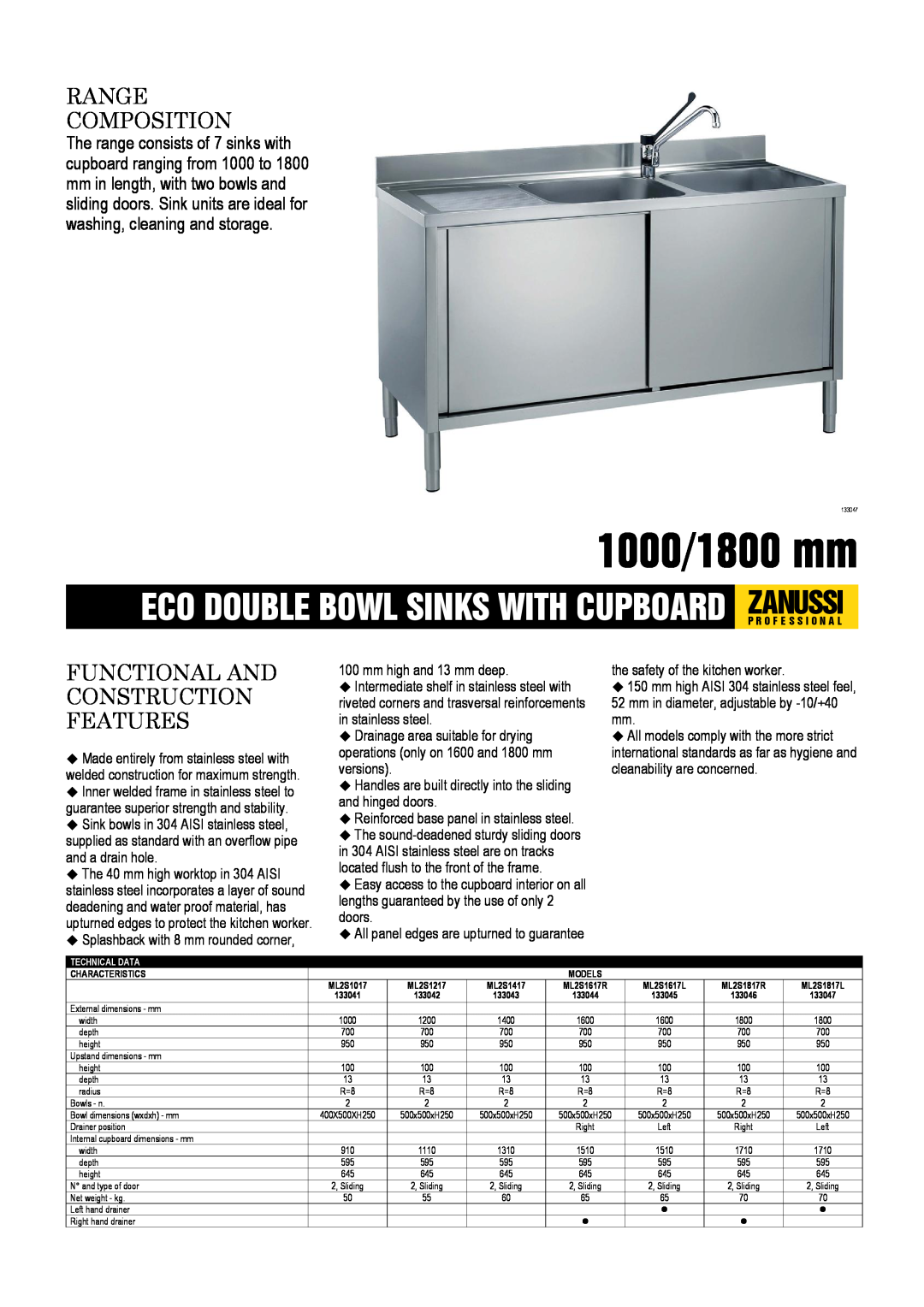 Zanussi ML2S1017, ML2S1617R, ML2S1617L dimensions 1000/1800 mm, Range Composition, Functional And Construction Features 