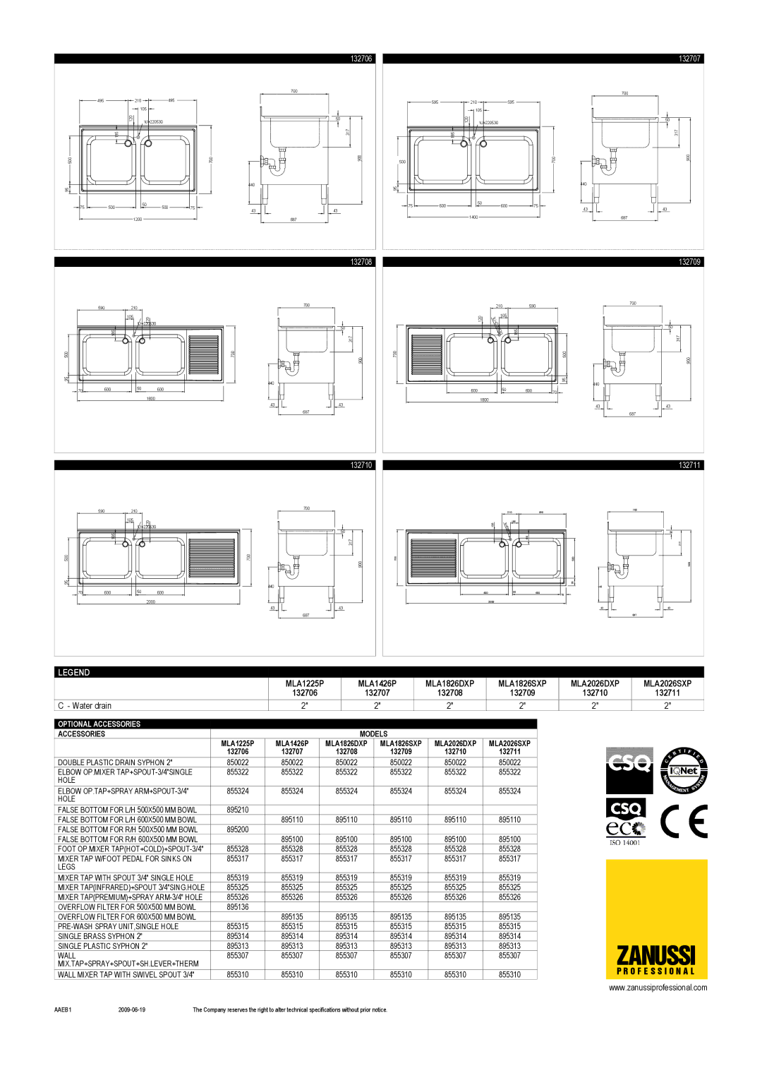 Zanussi MLA2026DXP, MLA1826SXP, MLA1826DXP, MLA1426P, MLA1225P, MLA2026SXP, 132709, 132708, 132711 132710, Optional Accessories 