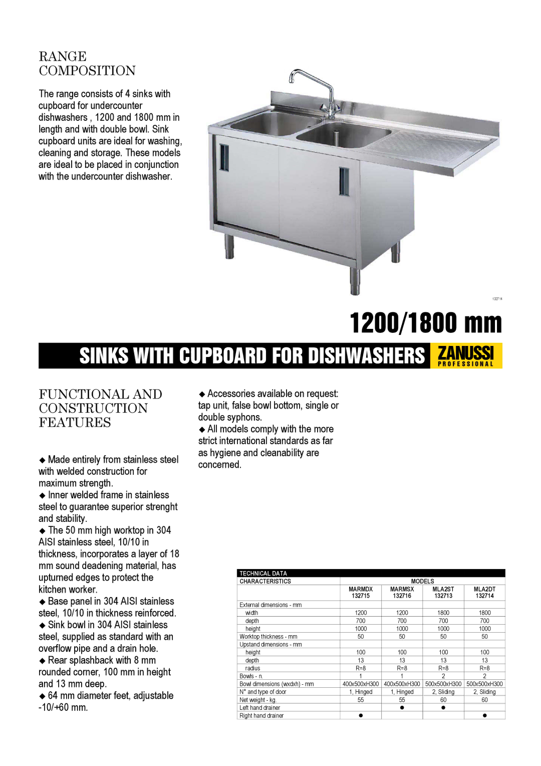 Zanussi MLA2DT, MLA2ST, MARMSX dimensions Range Composition, Functional and Construction Features, Characteristics Models 