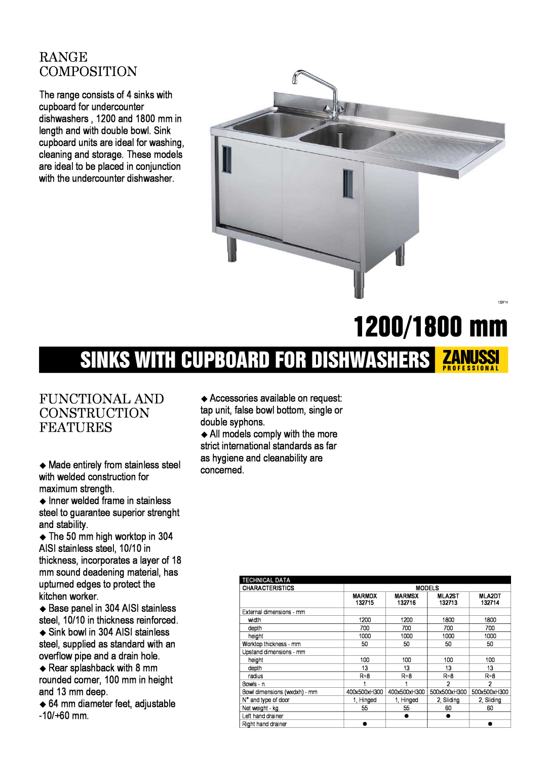 Zanussi MLA2DT, MLA2ST, MARMSX, MARMDX dimensions 1200/1800 mm, Range Composition, Functional And Construction Features 