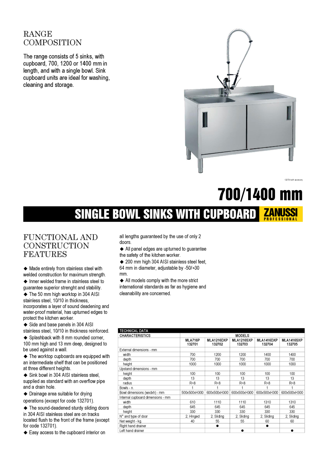 Zanussi MLA1416DXP, MLA716P, MLA1416SXP, MLA1216DXP dimensions Range Composition, Functional and Construction Features 