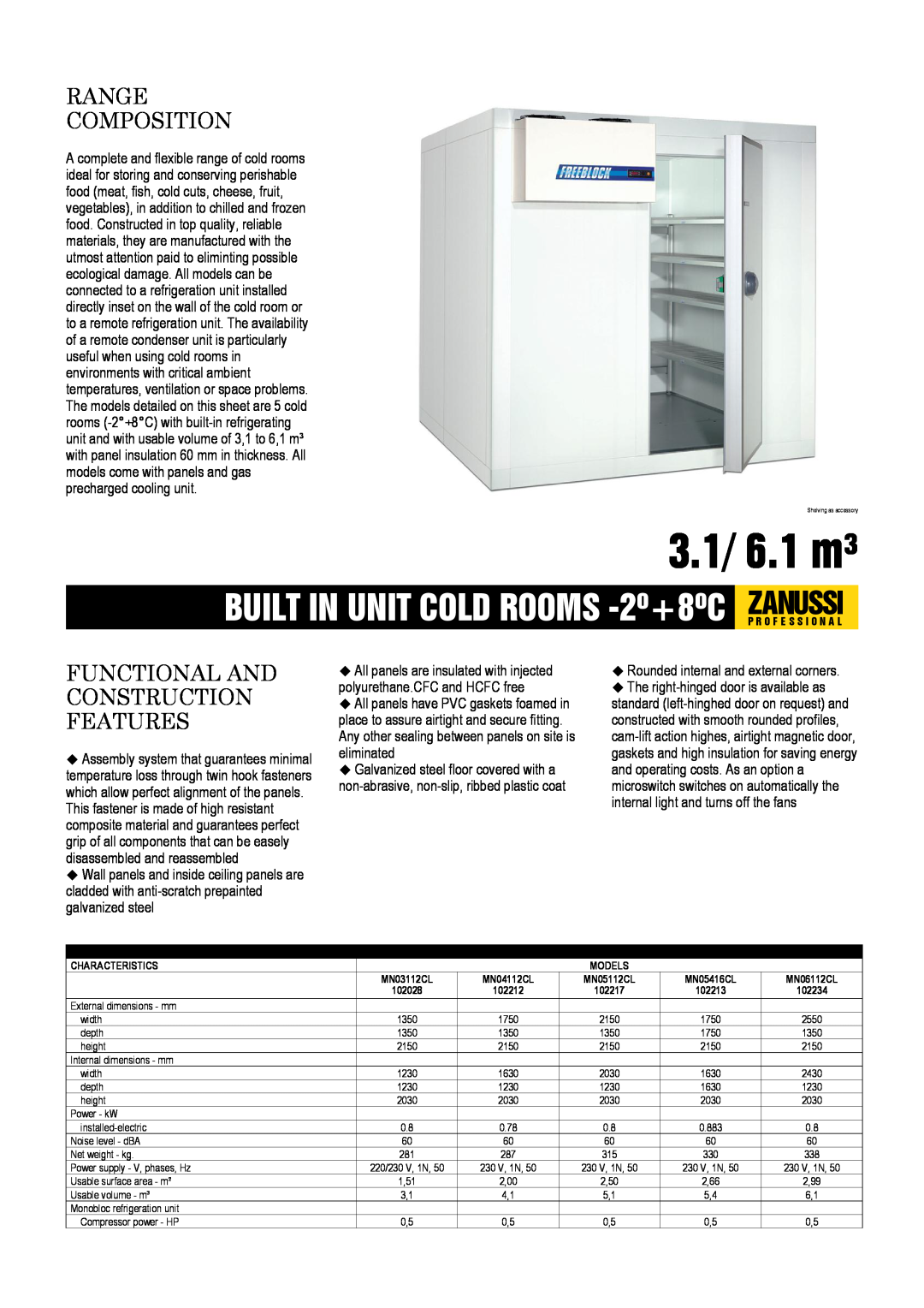 Zanussi MN05112CL, MN03112CL, MN04112CL dimensions 3.1/ 6.1 m³, Range Composition, Functional And Construction Features 