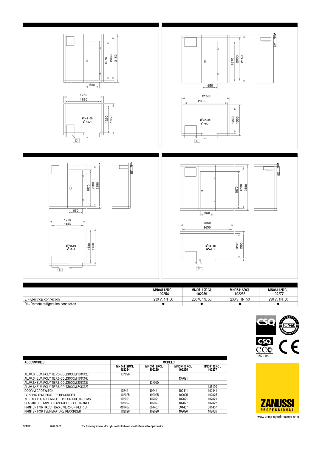 Zanussi MN06112RCL, MN05416RCL, MN04112RCL, MN05112RCL, 102255, 102277, 102254, 102259 dimensions Zanussi 