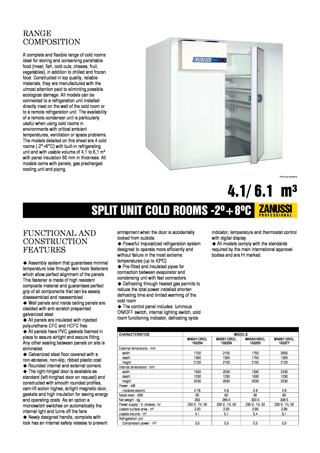 Zanussi MN04112RCL, MN05416RCL, MN06112RCL dimensions 4.1/ 6.1 m³, Range Composition, Functional And Construction Features 