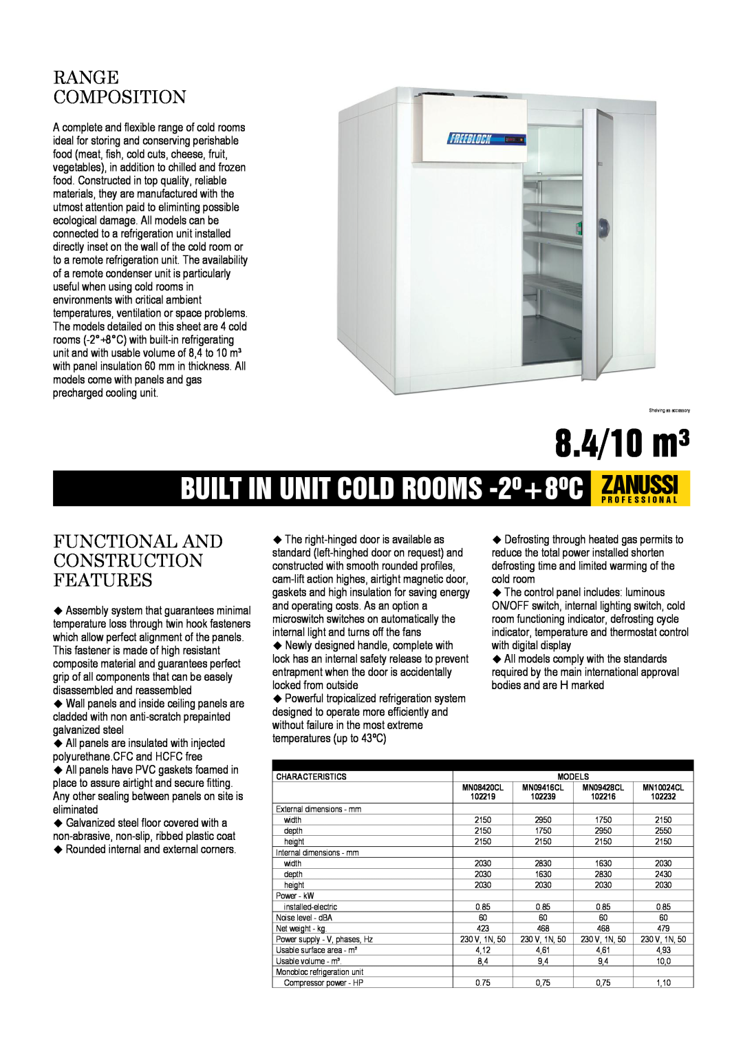 Zanussi MN10024CL, MN08420CL, MN09428CL dimensions 8.4/10 m³, Range Composition, Functional And Construction Features 