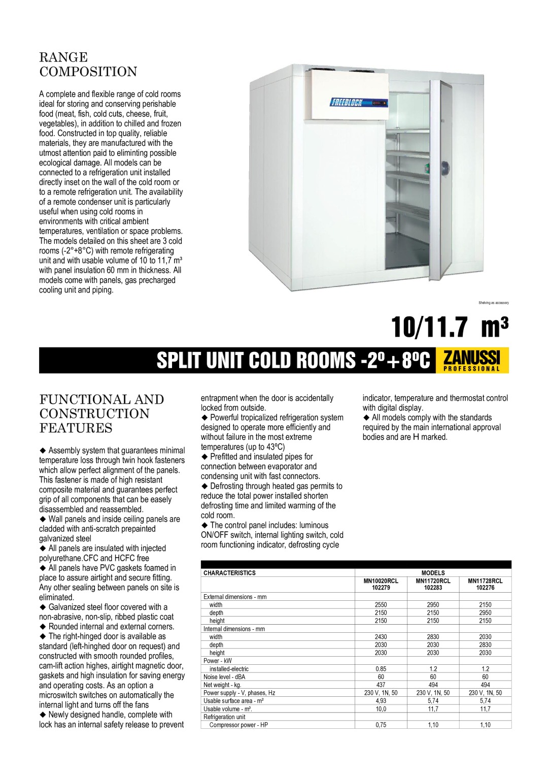 Zanussi MN10020RCL, MN11720RCL, MN11728RCL, 102279, 102276 dimensions Range Composition, Functional and Construction Features 