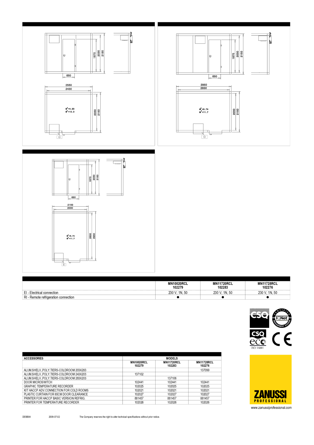 Zanussi MN11728RCL, MN11720RCL, MN10020RCL, 102279, 102276, 102283 dimensions Zanussi 