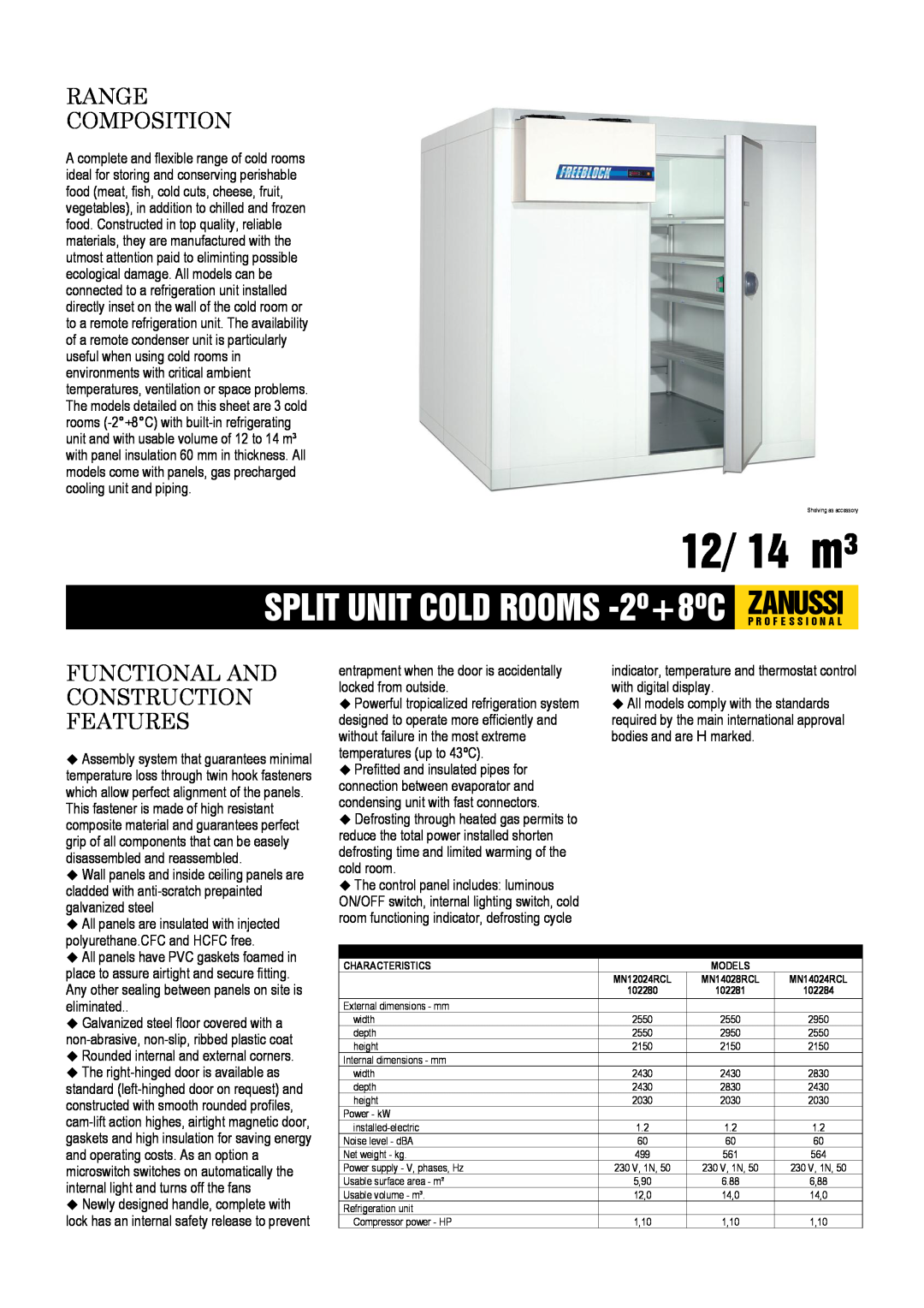 Zanussi MN14024RCL, MN14028RCL, MN12024RCL dimensions 12/ 14 m³, Range Composition, Functional And Construction Features 