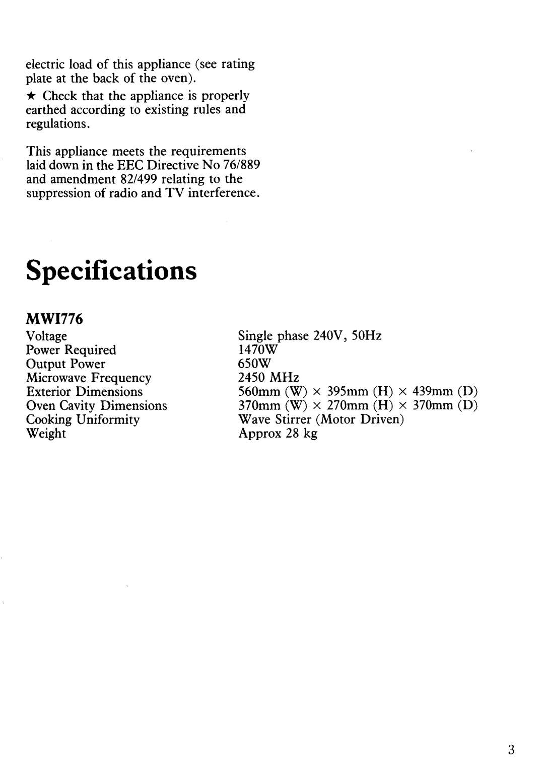 Zanussi MW1776 manual 