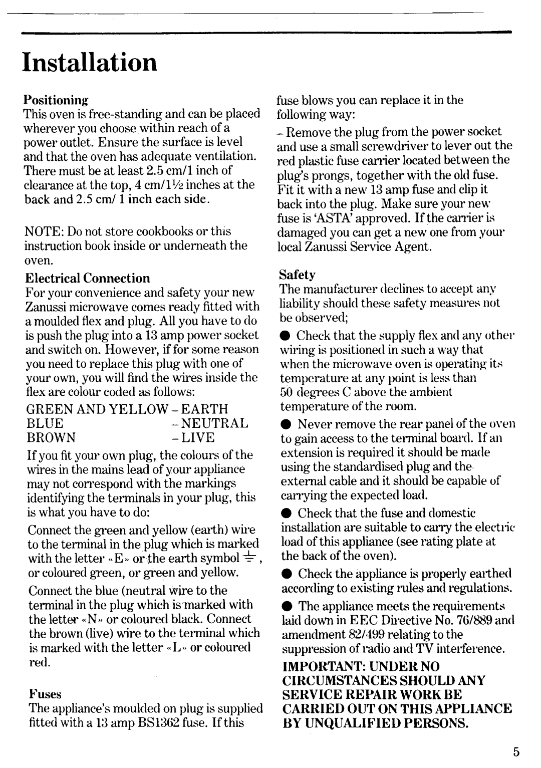 Zanussi MW182, MW282 manual 