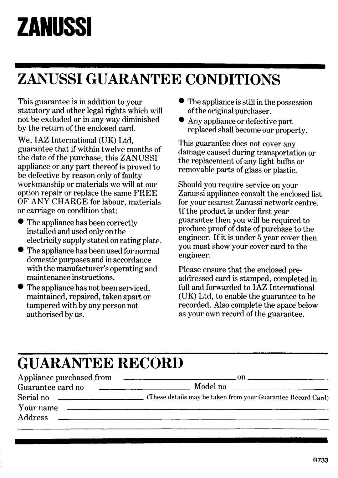 Zanussi MW632 manual 