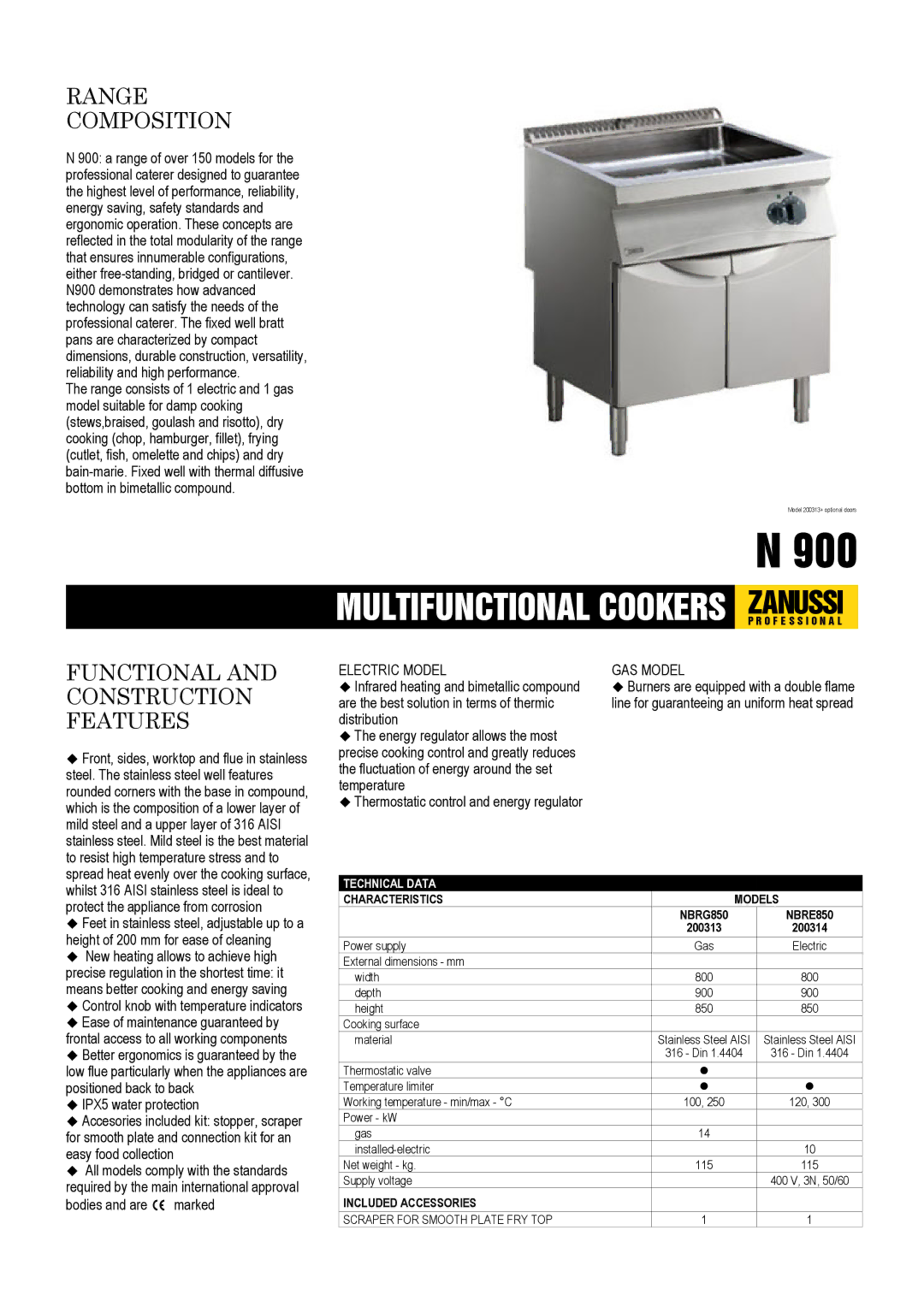 Zanussi NBRE850, NBRG850 dimensions Range Composition, Functional and Construction Features, Electric Model, GAS Model 