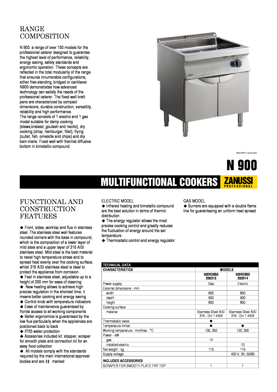 Zanussi NBRE850, NBRG850, 200314, 200313 dimensions Range Composition, Functional And Construction Features 