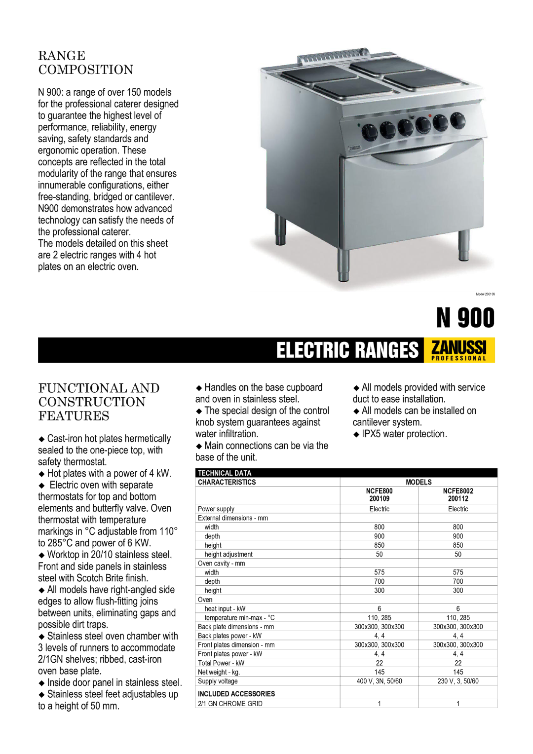 Zanussi NCFE8002, 200112 dimensions Range Composition, Functional and Construction Features, Characteristics Models 