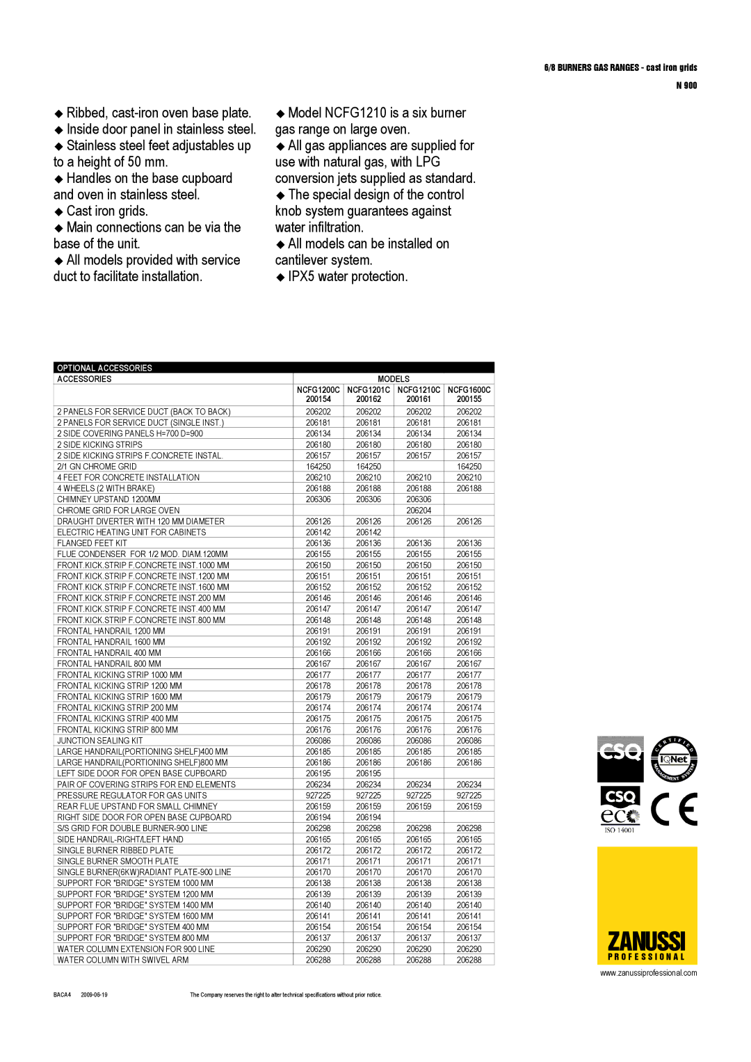 Zanussi NCFG1200C, NCFG1201C, NCFG1600C, NCFG1210C, 200155, 200162, 200154, 200161 dimensions Zanussi 