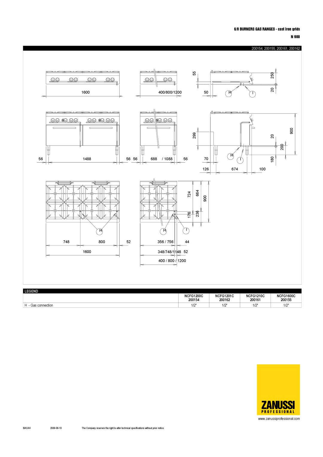 Zanussi NCFG1210C, NCFG1201C, NCFG1600C, NCFG1200C, 200155, 200162, 200154, 200161 dimensions Gas connection 