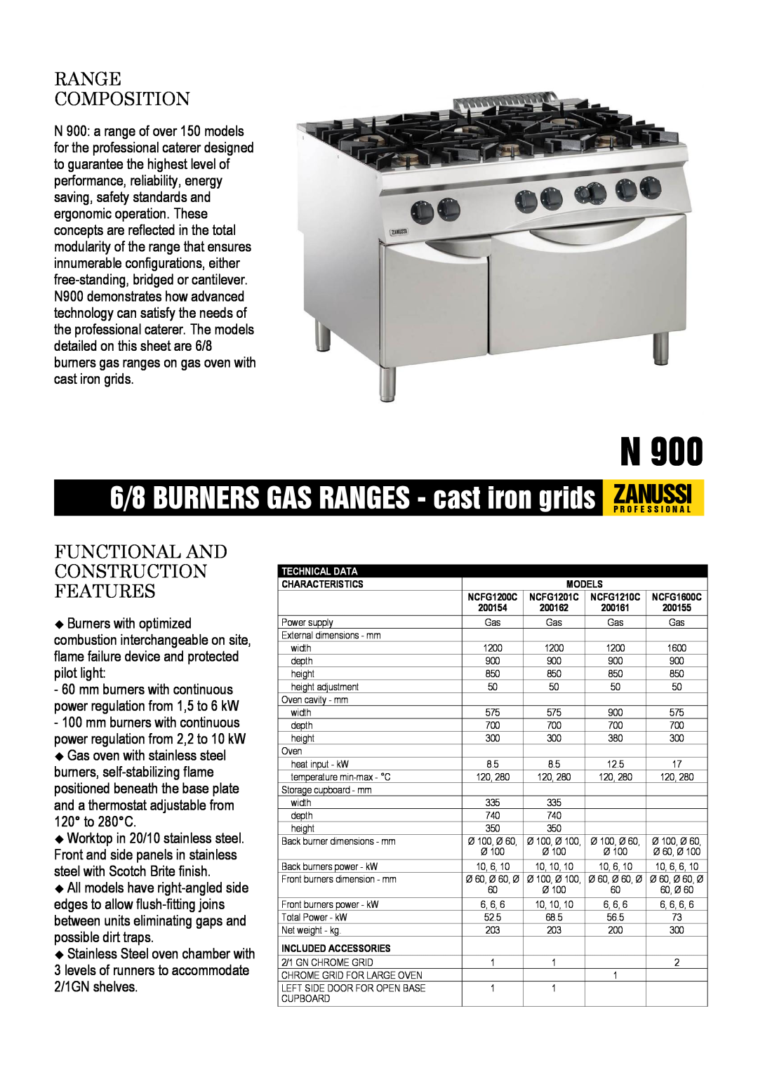 Zanussi NCFG1600C, NCFG1201C dimensions levels of runners to accommodate 2/1GN shelves, Stainless Steel oven chamber with 