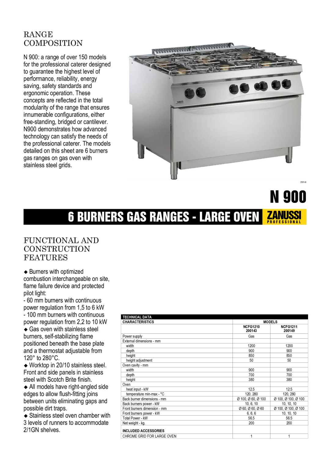 Zanussi NCFG1210 dimensions Range Composition, Functional and Construction Features, Technical Data, Included Accessories 