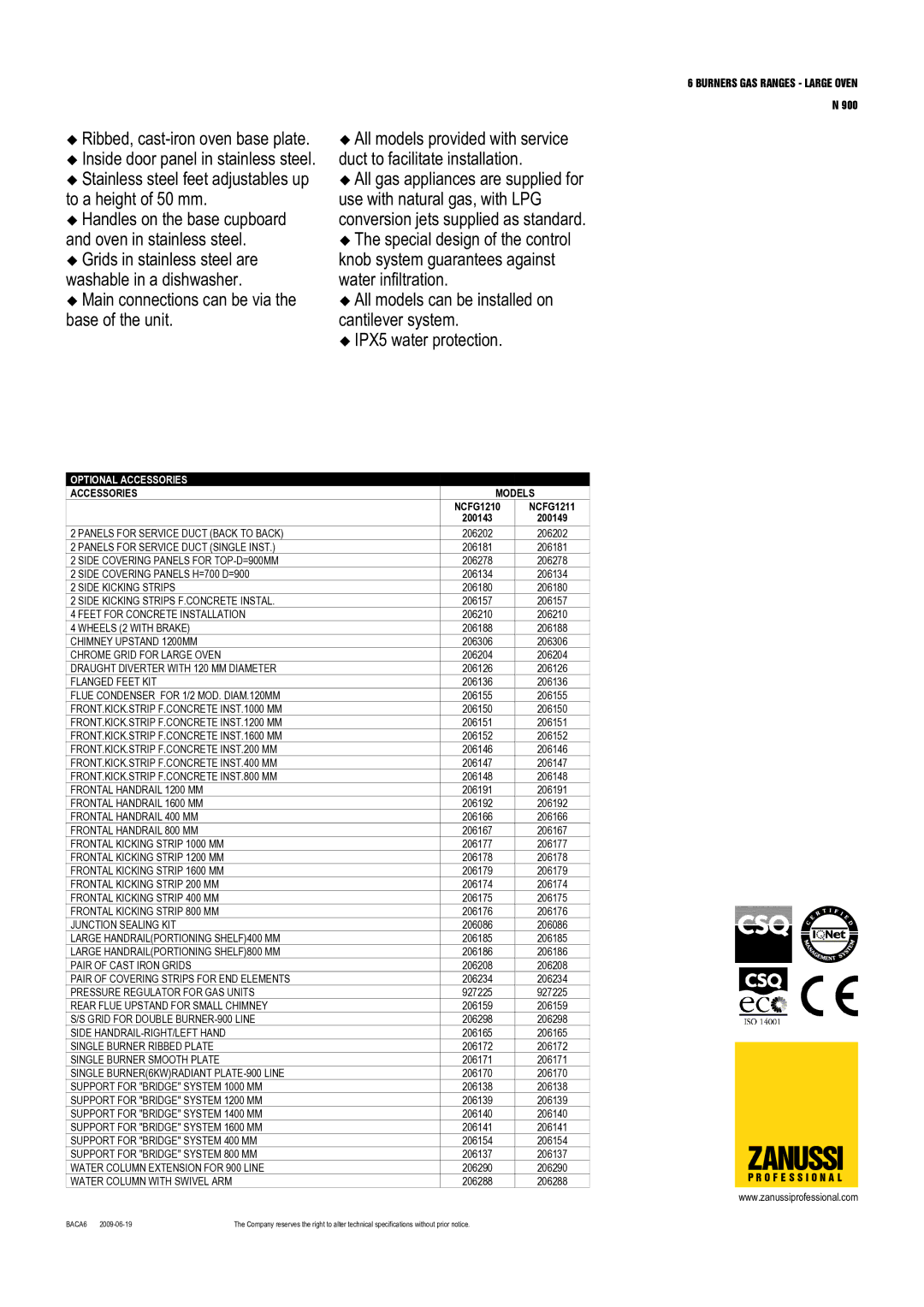 Zanussi 200143, NCFG1211, NCFG1210, 200149 dimensions Optional Accessories, Accessories Models 