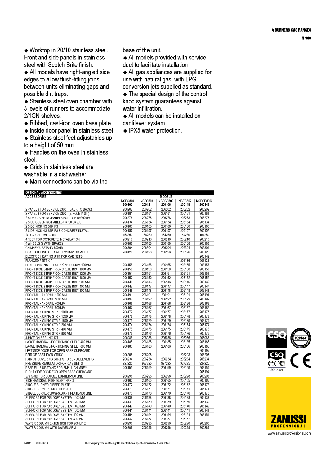 Zanussi NCFG802, NCFGE8002, NCFG800, 200148 Burners GAS Ranges, O F E S S I O N a L, Accessories Models, NCFG801 NCFGE800 