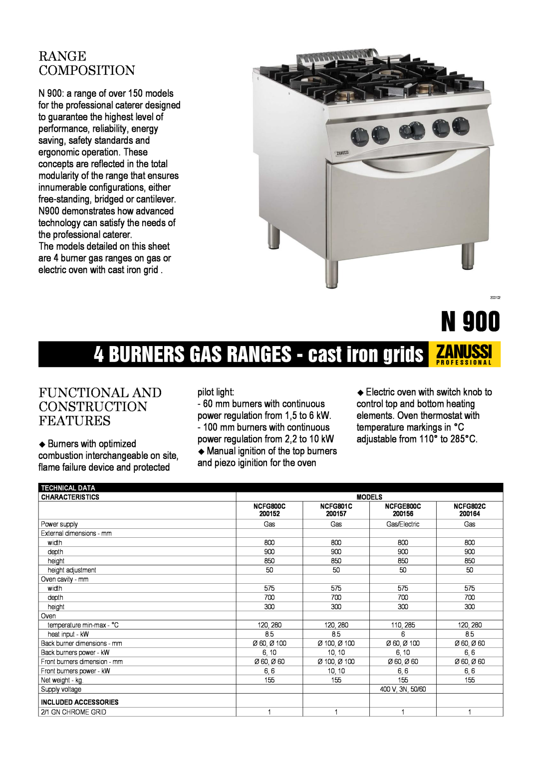 Zanussi NCFG801C, NCFGE800C, NCFG802C dimensions pilot light, Range Composition, Functional And Construction Features 