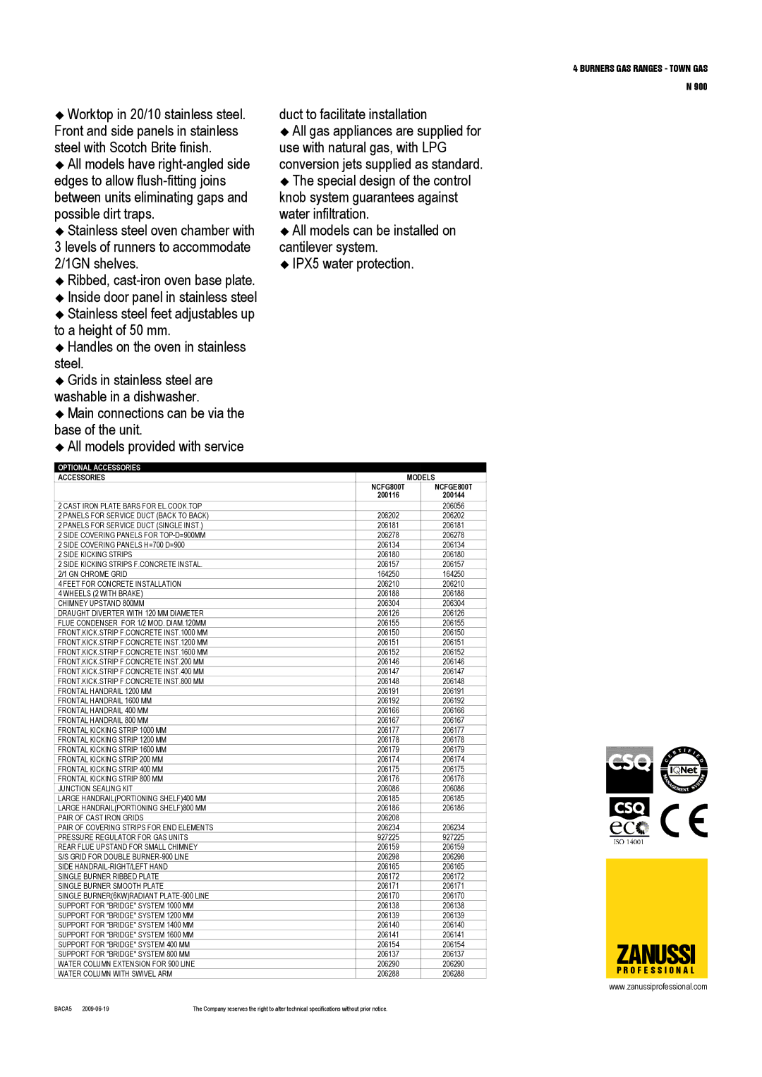 Zanussi 200116, NCFGE800T, NCFG800T, 200144 dimensions Burners GAS Ranges Town GAS, O F E S S I O N a L 