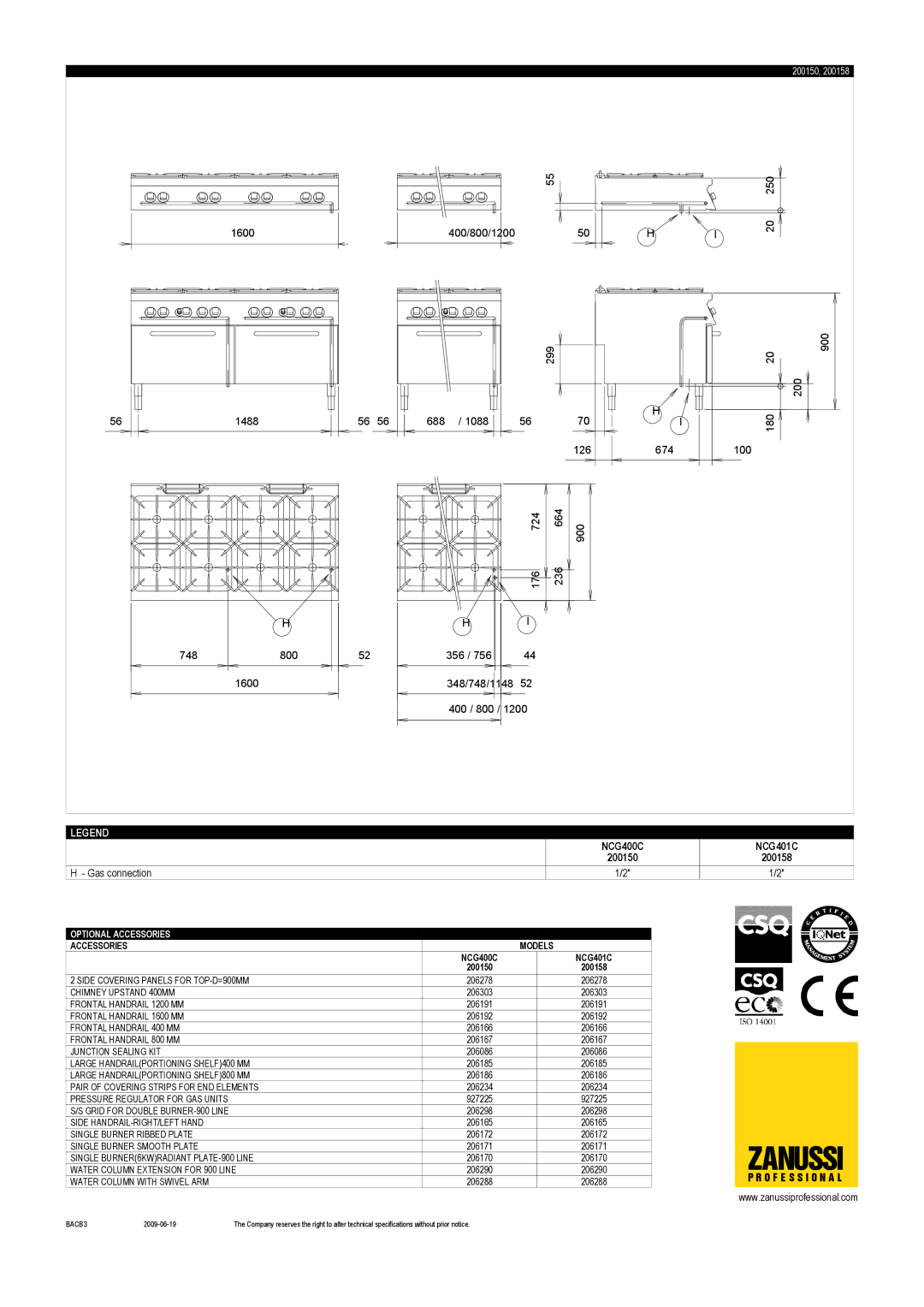 Zanussi 200158, NCG401C, NCG400C, 200150 dimensions Zanussi 