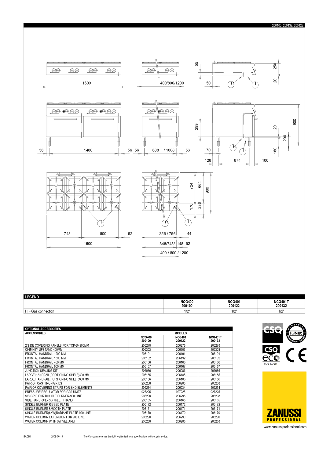 Zanussi NCG401T, NCG400, 200132, 200122, 200100 dimensions Zanussi 