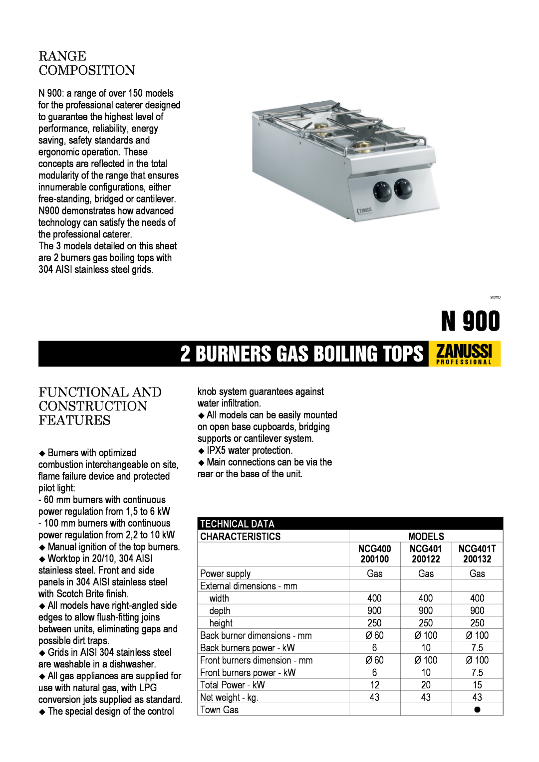 Zanussi NCG400 dimensions Burners Gas Boiling Tops Zanussip R O F E S S I O N A L, Range Composition, Technical Data 
