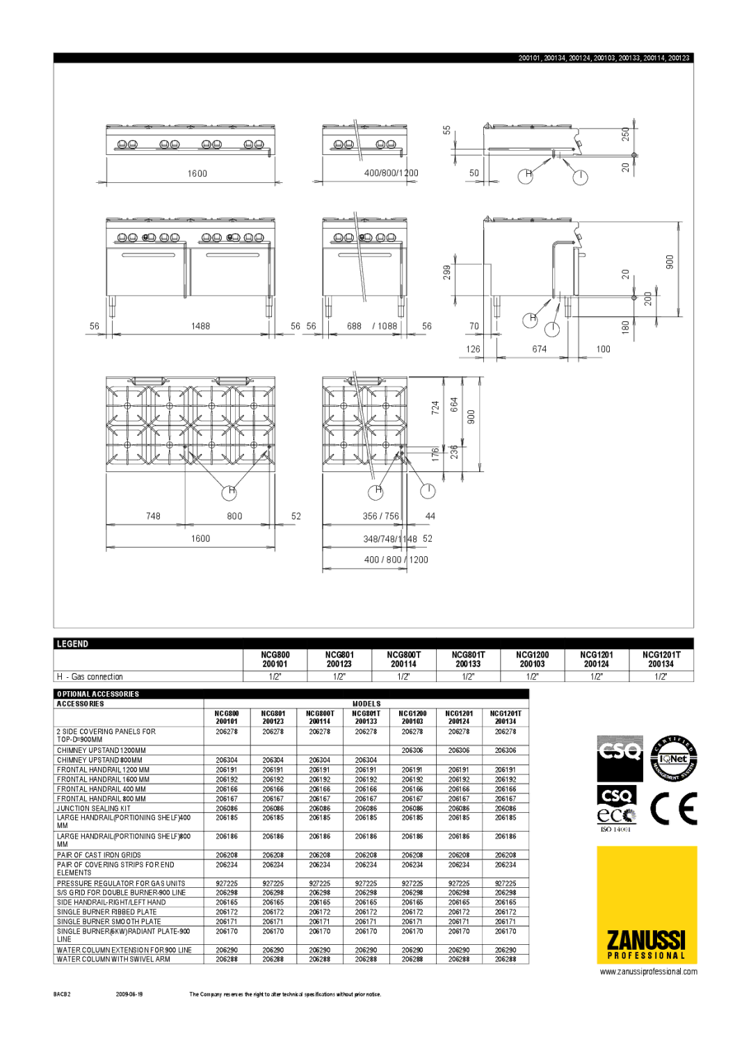 Zanussi NCG800T, NCG801T, NCG1201T, NCG1200, 200134, 200133, 200114, 200103, 200123, 200124, 200101 dimensions Zanussi 