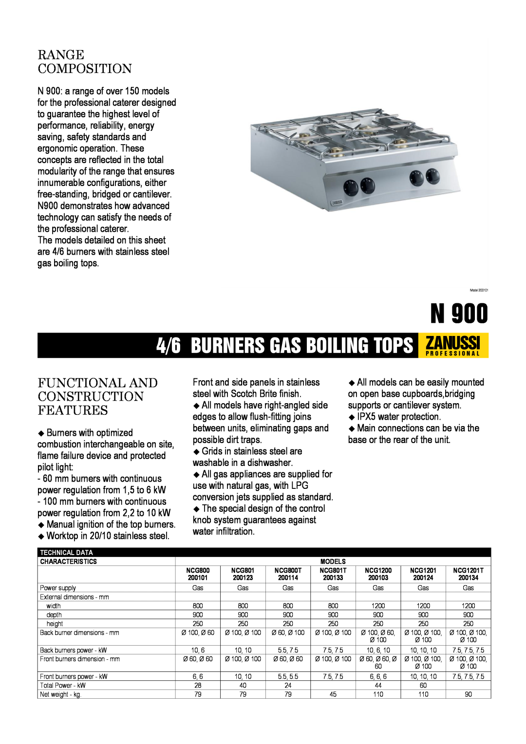 Zanussi NCG801T, NCG800T dimensions Manual ignition of the top burners Worktop in 20/10 stainless steel, Range Composition 