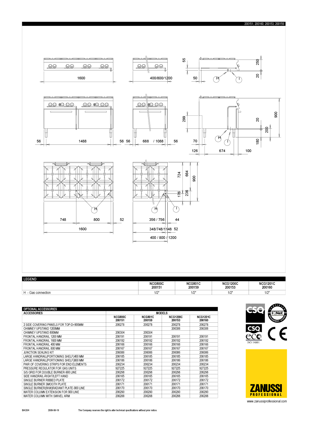 Zanussi NCG1201C, NCG801C, NCG800C, NCG1200C, 200160, 200153, 200159, 200151 dimensions Zanussi 