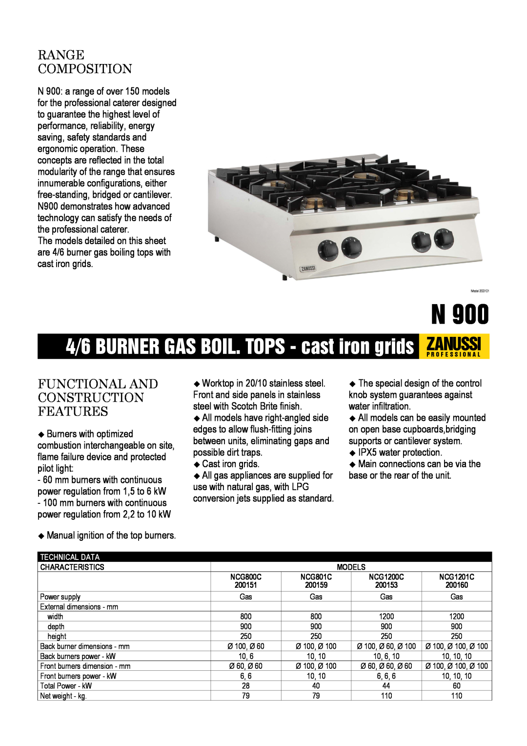 Zanussi NCG800C dimensions Range Composition, Functional And Construction Features, Cast iron grids, IPX5 water protection 
