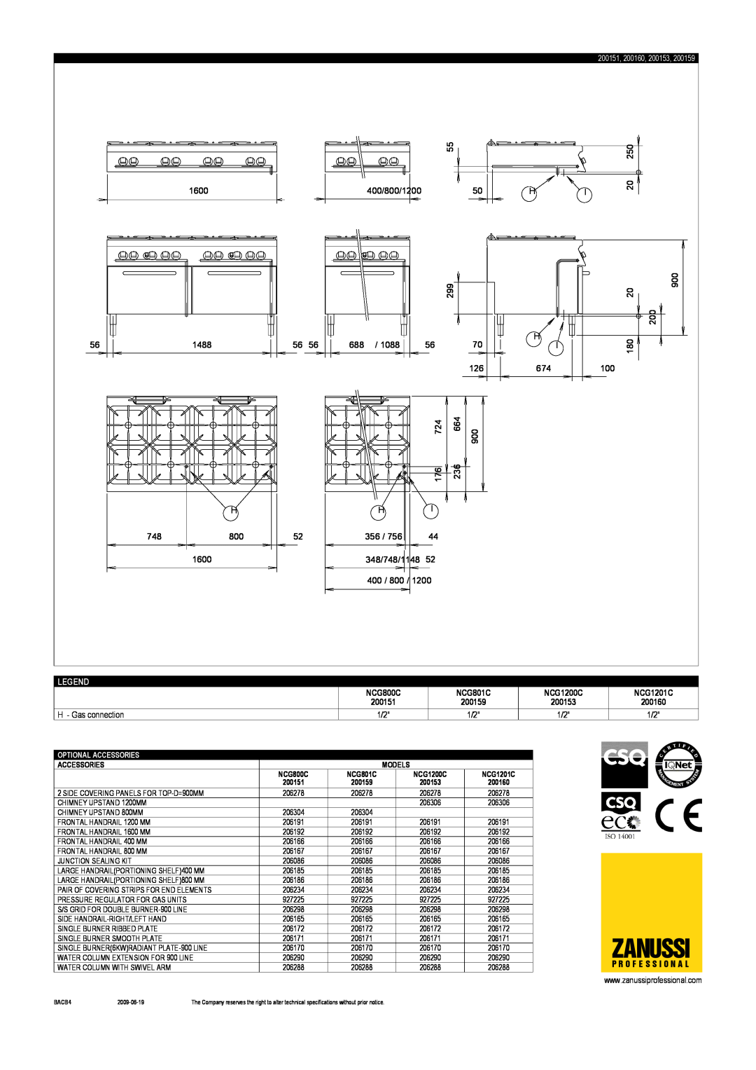 Zanussi NCG1201C, NCG801C, NCG800C, NCG1200C, 200160, 200153, 200159, 200151 dimensions Zanussi, H - Gas connection 
