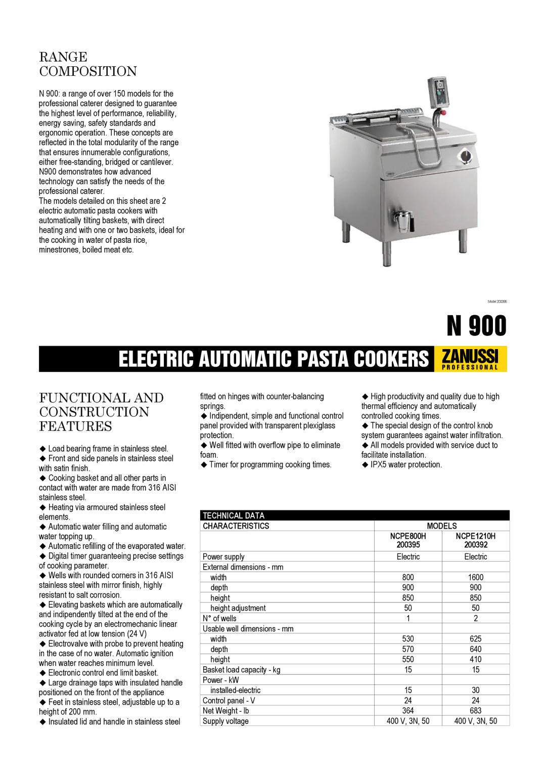 Zanussi 200392, NCPE800H, 200395, NCPE1210H dimensions Range Composition, Functional and Construction Features 