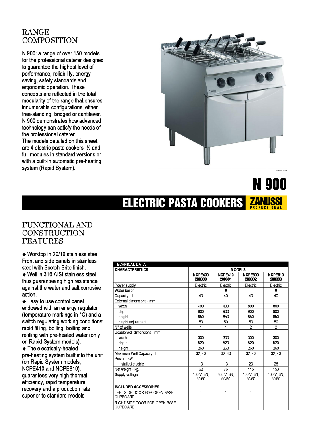 Zanussi NCPE410, NCPE810, NCPE800, NCPE400, 200380, 200383 dimensions Range Composition, Functional And Construction Features 