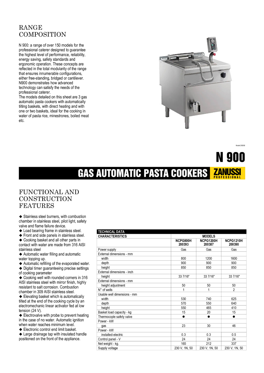 Zanussi NCPG800H, NCPG1210H, NCPG1200H, 200393, 200387, 200390 dimensions Power supply Gas, 33 7/16 