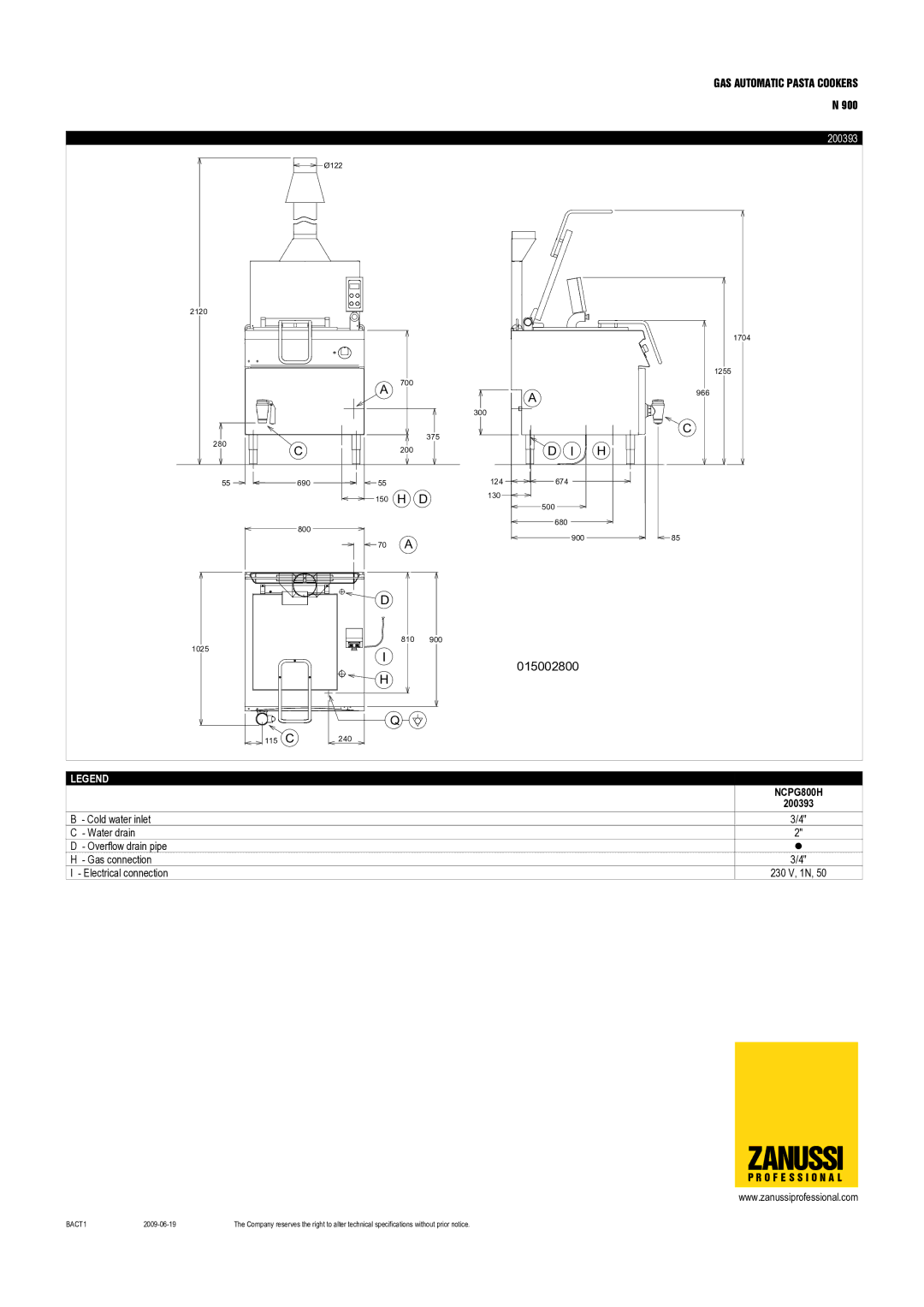 Zanussi 200393, NCPG1210H, NCPG800H, NCPG1200H, 200387, 200390 dimensions Zanussi, 015002800 