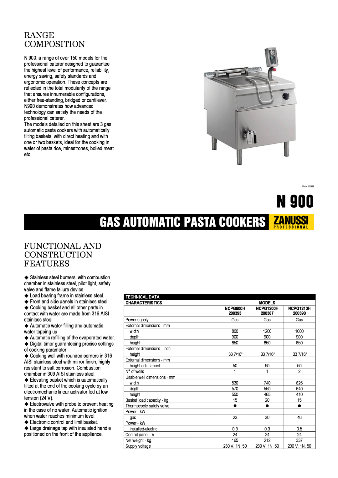 Zanussi NCPG800H dimensions Load bearing frame in stainless steel, Automatic water filling and automatic water topping up 