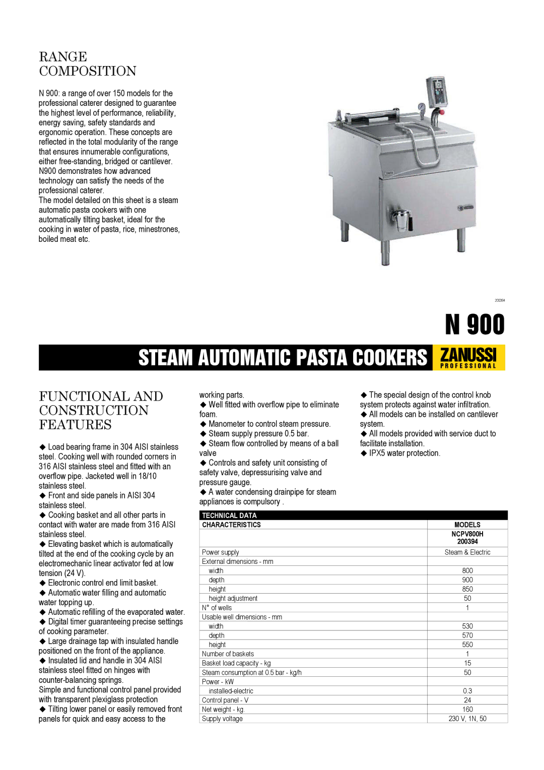 Zanussi 200394, NCPV800H dimensions Range Composition, Functional and Construction Features 